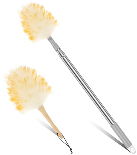 2 spolverini in lana d'agnello, riutilizzabili per la pulizia del tavolo, morbido piumino con asta estensibile, telescopio versatile per cornici, divani, lampadari e mobili (bianco)