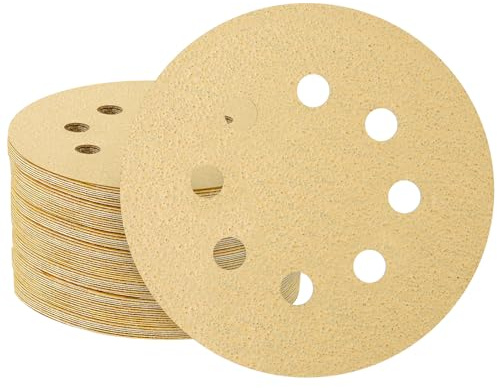 50PCS 125mm 8 Hole Sanding Discs 60 Grit Round Sandpaper Hook and Loop Pads Yellow Random Orbital Sander Sandpaper for Wood Metal Plastic
