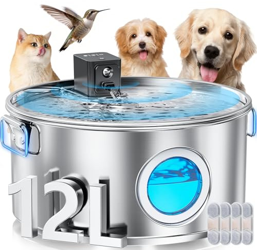 3.4Gal Wireless Automatic Dog Water Fountain for Large Dogs，12L Stainless Steel 3 Modes Dog Fountain Water Bowl Dispenser, Multi Large Pet Water Fountain Ultra Quiet & Multi-Filteration