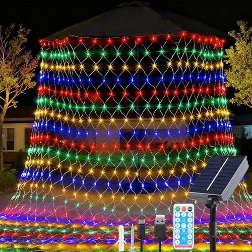 Fonysien Solar Lichternetz Wasserdichte 1.5 * 1.5M 96LEDs Lichternetz Lichtervorhang Außen mit Fernbedienung 8 Modi Baum Lichterkette Netz für Garten Fenster Weihnachten Hochzeit