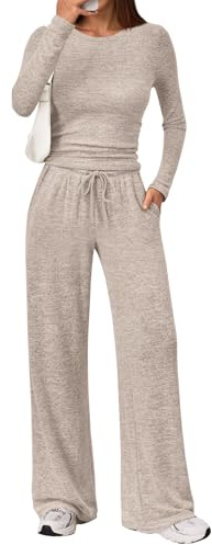 LILLUSORY Womens 2 Piece Matching Lounge Sets 2025 Fall Fashion Knit Sweater Airport Travel Vacation Outfits Gym Sweatsuits Khaki M