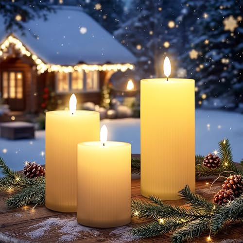 Spetebo Outdoor LED Kerze mit Timer und Flammen Effekt 3er Set | 15 / 12,5 / 10 cm, Geriffelt, Warm Weiß, Stumpenkerze, Für Außen