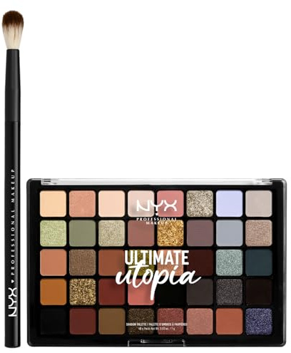 NYX Professional Makeup Palette Ombretti 40 Colori Altamente Pigmentati Ultimate Utopia Effetto Opaco Satinato Metallico + Pennello Occhi per Sfumature Pro Brush Blending - Set da 2