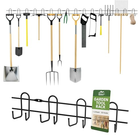 Urban Deco Garden Tool Rack 172cm, Heavy Duty Wall Mount Organizer with 32 Hooks for Shed & Garage – Holds Shovels, Rakes, Trowels, Hand Tools & Small Garden Gear (4 Pack)