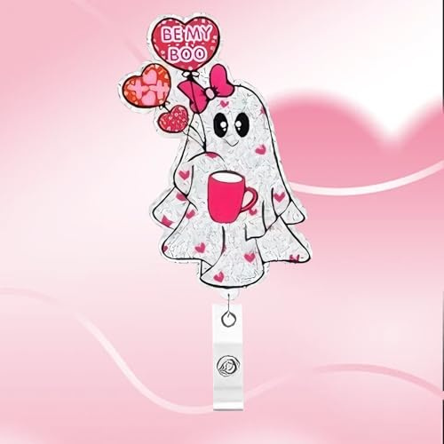 Cute Ghost Valentines Badge Reel with Heart Balloon Pink Cup Design Glitter Badge Holder 360% Swivel Aligator Clip Nurse Badge Clip for Nursing Student Doctor Teacher Office Workers 1 Pcs