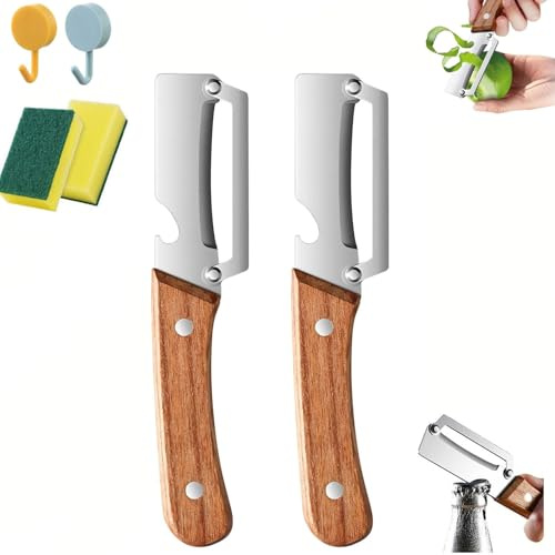 Pelaverdure multifunzione, pelaverdure da cucina con manico ergonomico in legno, pelapatate 2 in 1 per frutta e verdura con apribottiglie, facile da usare per sbucciare affettare e preparare la cucina