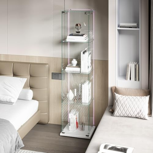 INONEFT Glasvitrine Standvitrine mit LED-Beleuchtung, Vitrine Stehend mit 4 Lagen Glas Holz Glas Vitrinenschrank 1 TüR und Schloss, Weiß Sammlervitrine für Wohnzimmer Schlafzimmer Büro（LED-2）