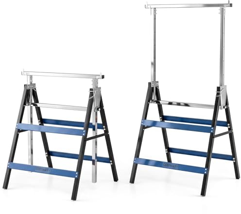 COSTWAY Set of 2 Adjustable Builders Trestle with Top Limit Clip (Blue) | 200kg Capacity Telescopic Saw Horse, Metal DIY Work Bench Support Stands, with Non-Slip Foot Pads, for Carpentry Contractors