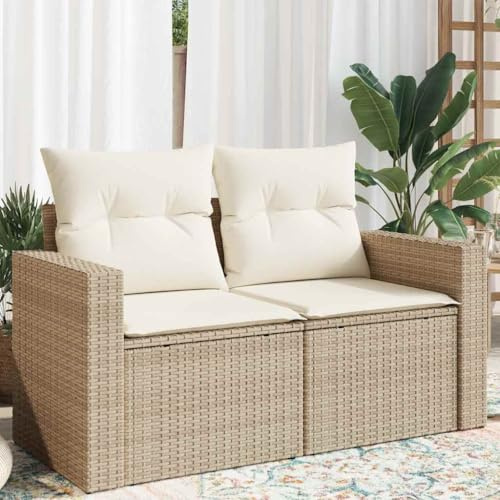 YuuSsea Gartensofa 2-Sitzer aus Poly Rattan mit Kissen, wetterfestes Outdoor Lounge Sofa für Balkon Terrasse, modulare Sitzgruppe mit Stauraum und abnehmbaren Bezügen, beige