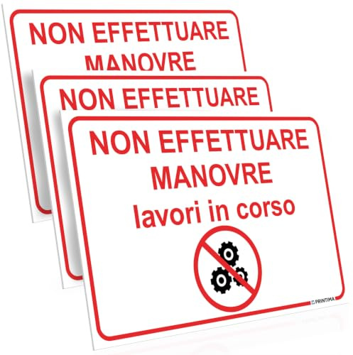PRINTIMA 32x21 cm set 3 targhe Non effettuare manovre lavori in corso, cartelli di divieto per sicurezza macchine con pittogramma ingranaggi rosso e kit di montaggio incluso