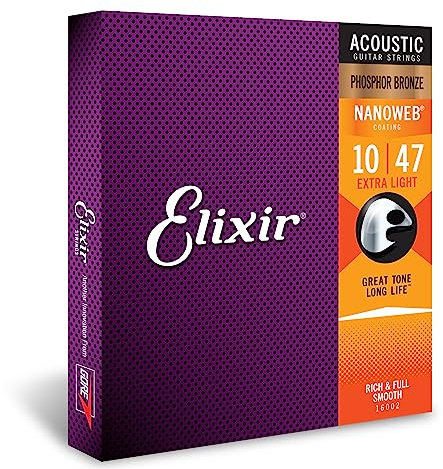 Corde per chitarra acustica bronzo fosforoso Elixir Strings con rivestimento NANOWEB, Extra Light (.010-.047)