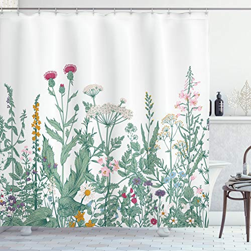 ABAKUHAUS Blumen Duschvorhang, Kerbel Moschusmalve, Stoffliches Gewebe Badezimmerdekorationsset mit Haken, 175 x 220 cm, Mehrfarbig