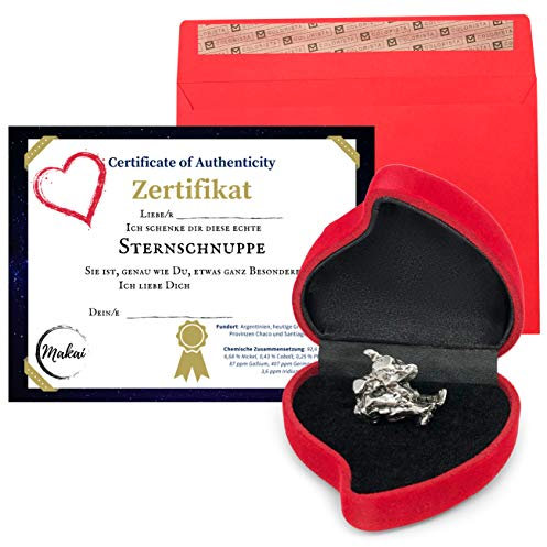 Makai echter Meteorit Sternschnuppe mit Echtheits-Zertifikat und individueller Widmung zum selber beschriften & Geschenkbox (Herzbox mit Zertifikat)