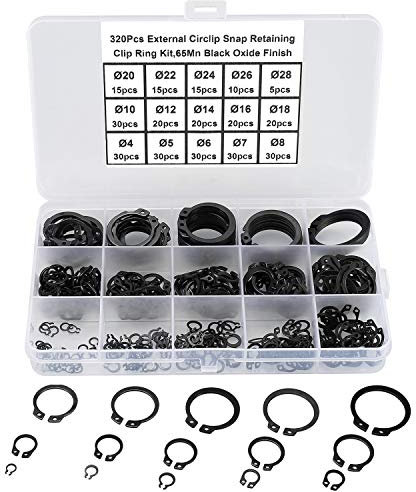 FandWay 320Pcs 15-Sizes 65Mn Steel External Circlips Snap Retaining Rings,C-Clip Retaining Clip Ring Assortment Set,M4-M28