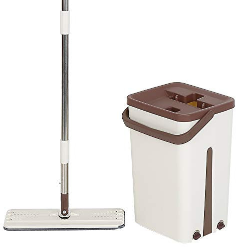 YJIIJY Flat Mop, Set di Mocio Secchio Sistema di Pulizia, con 2 Panno in Microfibra e Detergente a Doppio Scomparto, Mocio Lavapavimenti Rotante di 360° per Casa Pavimento Pulizia (Marrone)