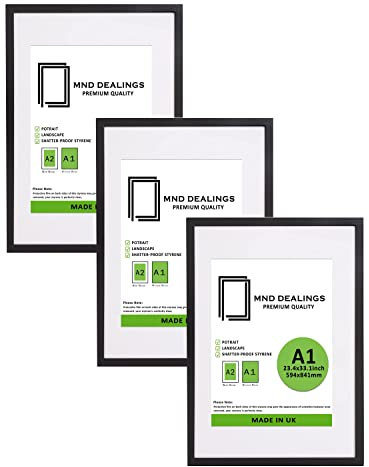 MND Dealings | MDF Artistic Poster Frame A1 (59.40 x 84.10 cm) With A2-(23 x 16 Inch) White Mount Hanging Display | 33 x 23 Award, Picture, Decorative, Modern Wall Frame [ Black ]