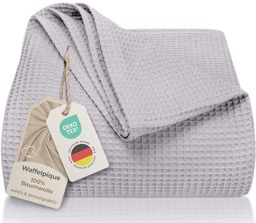 LAYNENBURG Premium Tagesdecke 220 x 240 cm XXL - Waffelpique 100% Baumwolle - leichte Wohndecke Waffeloptik - Baumwolldecke als Bett-Überwurf, Sofa-Überwurf, Couch-Überwurf - Sofa-Decke (grau)