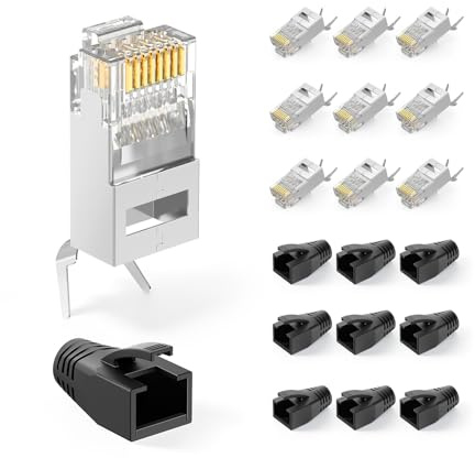VCELINK 10 x RJ45 Stecker, CAT7 Pass Through Netzwerkstecker, Lan stecker | 10 Gbit/s, für Cat7/Cat6A Verlegekabel geschirmt, PoE-fähig, mit Einfädelhilfe und Knickschutz, Switch/TV/Router/PC, schwarz