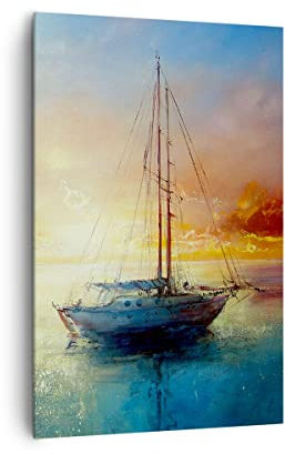 Wandbilder Dekoration Wohnzimmer Segelboot Westen die Sonne Bilder auf Leinwand 80x120cm Leinwandbild mit Rahmen Schlafzimmer Küche Deko Wand Kunstdruck Art Groß XXL Wanddeko Bild Canvas PA80x120-4145