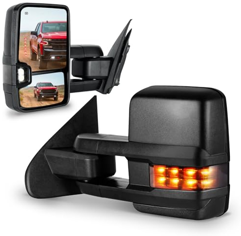 SIZIOM Towing Mirrors for Chevy Silverado/GMC Sierra 1500 (2014 2015 2016 2017 2018), 2500HD 3500HD (2015 2016 2017 2018 2019) Turn Signal/Running Lights Power Heated (Textured Black)
