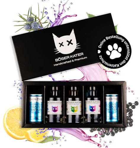 BÖSER KATER Farbwechsel Gin Tasting-Set | Hochwertige Geschenkbox | Perfekte Geschenkidee | 3x 100ml Farbwechsel Gin + 2x 150ml Fever Tree Tonic Water | Tasting für bis zu 5 Personen