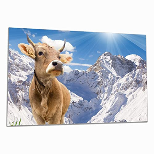 Wallario Herdabdeckplatte/Spritzschutz aus Glas, 1-teilig, 80x52cm, für Ceran- und Induktionsherde, Kuh im Sonnenschein in den Alpen