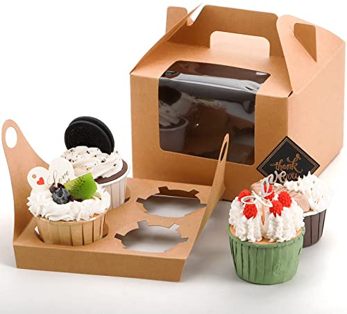 Jucoan 40 Pack Kraft Paper Cupcake Boxes 4 Holders Cupcake Carrier Container with Window, Insert and Handle, Bakery Pastry Package Container for Muffin, Cookies, Donut, Wedding, Birthday | Cupcake Holder Carrier Containers, Gable Bakery Treat Boxes for Muffin, Cookies, Wedding, Birthday Party