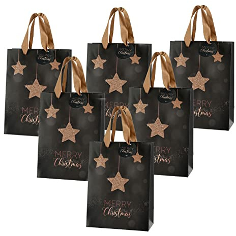 Weihnachts Geschenktüte MERRY CHRISTMAS - 6er Set - Flaschentüte mit Glitzer in bronze - Weihnachten Advent Nikolaus Papiertasche Flaschentasche Wichtel Tüte