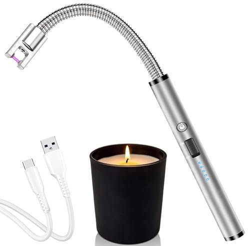 Electric Lighters USB Rechargeable, Windproof 360° Rotatable Long Neck Arc Candle Lighter Spark Gas Flameless Lighter with LED light Power Display Easy to Use and Charge for Candle Home Camping