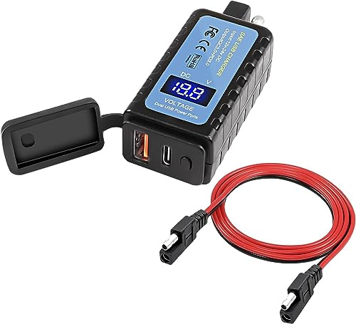 XMSJSIY Motorrad Telefon USB Ladegerät Adapter SAE auf Typ-C PD/USB Schnellladung 3.0 Verlängerungskabel mit Voltemeter, ON/Off Schalter und wasserdicht für Telefon Tablet GPS etc -1.2M