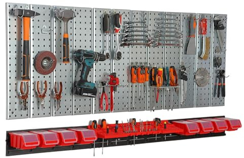 Werkzeugwand Metall 156x72 cm Lagersystem mit Werkzeughaltern Werkzeughaken und 8 Stapelboxen 100 x 150 x 70 mm Farbe: rot Lochbrett Werkstatt Garage Steckbrett Elektrowerkzeuge Lochwand