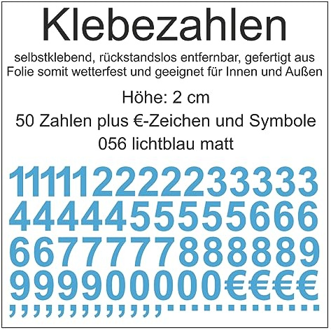 Aufkleber Sticker Klebezahlen Klebezahl Zahlen Zahl Nummern aus Folie 50 Zahlen blau lichtblau matt Höhe 2 cm selbstklebend wetterfest Nummerierung Preisauszeichnung Beschriftung Modellbau verzieren