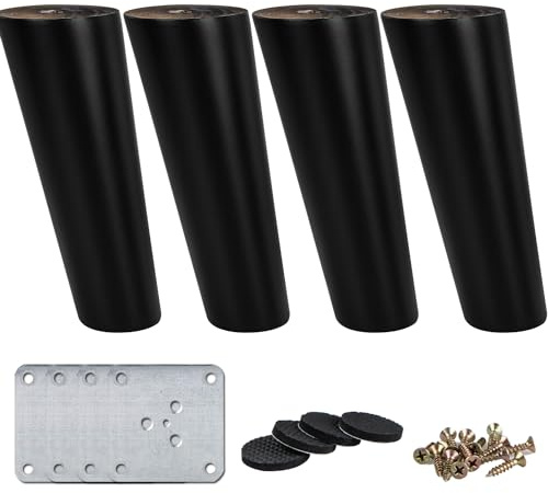 La Vane Massivholz Möbelfüße Schwarz 15cm Schräg konisch mit Platten 4 STK | Gummiholz mit matter Klarlack, 200+kg Belastbarkeit, inkl Pads & Hardware, Einfache DIY Montage für Sofa/Bett/Schrank/Tisch