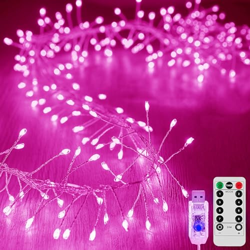 KINGCOO Cluster Fairy Lights with Remote, Waterproof 9.8FT 100LED Silver Wire Firecracker Garland String Lights USB Powered for Outdoor Indoor Bedroom Wedding Christmas Party Decoration (Pink)