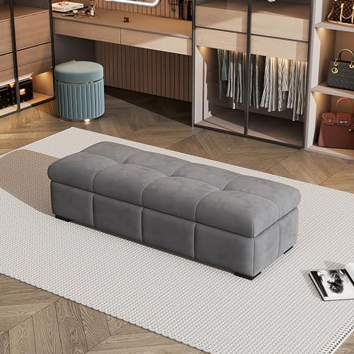 Sitzhocker mit Stauraum, graue Polsterbank, Garderobenbank, Couchhocker, Bettbank, gepolsterte Sitzbank aus mattem Samt, geeignet für Schlafzimmer, Eingangsbereiche, Garderoben, Schuhgeschäfte ( Color