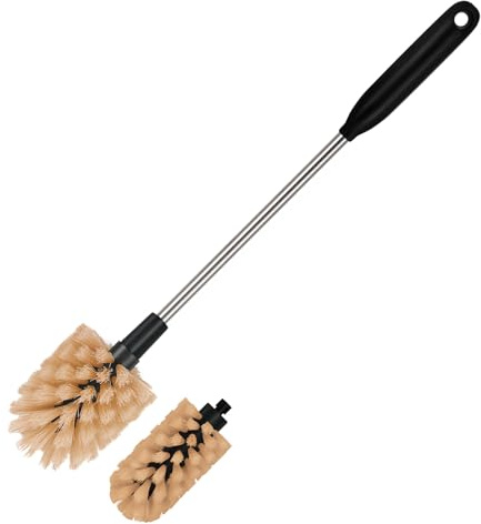 2 in 1 Long Handle Water Bottle Brush - Water Bottle Cleaning Accessory - Flexible brush for water bottles, mugs and glassware - with replacement brush head, dishwasher safe, reusable, brown
