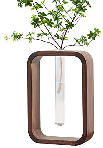Transparenter Glas-Blumenständer, Holzrahmen, Blumenvase, Glas-Reagenzglas-Vase, zeitgenössische Pflanzen-Display-Vase, transparentes Glas, Desktop-Dekoration für Hydrokultur-Pflanzen, Blumenständer