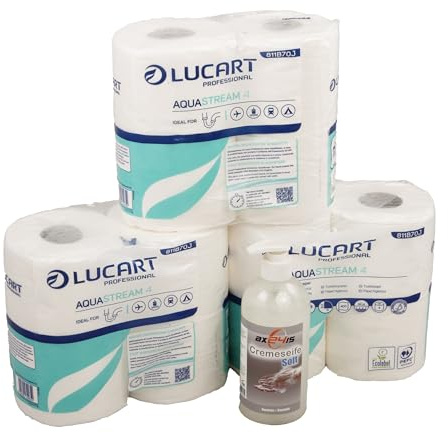 Axis Line Lucart Aquastream 4 WC-Papier & Cremeseife Set, Selbstauflösend | Ideal für Camping und Boot. 2-lagiges Toilettenpapier löst sich in 7 Min. auf. Inklusive 500 ml Seife für Wohnmobil-Hygiene.