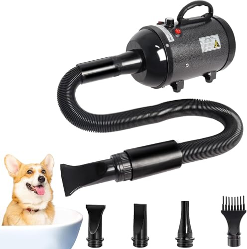 4.5HP/3200W Dog Hair Dryer, High-Velocity Pet Blower with Low Noise | Adjustable Temperature And Speed Dog Grooming Dryer With 4 Nozzles And Wool Head Cover, Professional Pet Dryer, Black