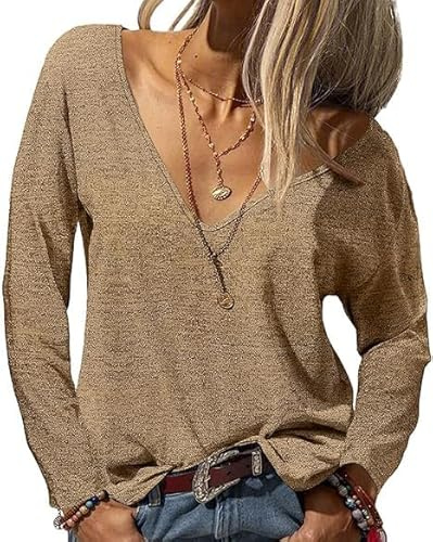 Fisoew Långärmad damtröja sexiga toppar med V-ringning överdimensionerad basic lång skjorta lös enfärgad långärmad t-shirt, kaki, S