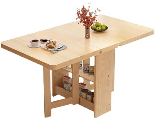 Drop Leaf Esstisch mit 2-lagigem Aufbewahrungsregal – massiver Holz-Küchentisch, klappbarer Esstisch mit 3 Formen zusammenklappbar, vielseitige zusammenklappbare Erweiterung Din