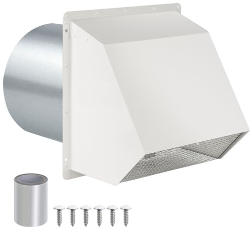 8 Inch Hooded Wall Vent with Screen and Damper,Outdoor Wall Exhaust Vent Cover Wall Cap for Exterior Kitchen Range Hood Ventilation Dryer HVAC Duct Air Exhaust, Galvanized Steel, White