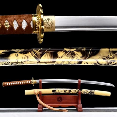 KWXPW 103cm Japanischer Samurai-Schwert,Federstahl Klinge,Holzscheide mit gemalte Muster,Handgefertigt real Katana-Schwert für Kendo,Iaido,Geschenke,Dekoration,Sammlung,Cosplay