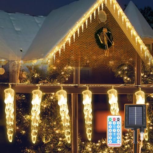 Eulenke Lichterkette Solar 10m 80 LEDs Eiszapfen Warmweiß | Solarlichterkette mit Fernbedienung, 8 Modi, Timer, IP44, Akku 500mAh, USB-Ladung.