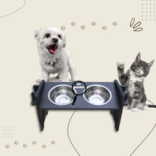 Futterstation in Schwarz für kleine Hunde & Katzen | PERSONALISIERBAR | Erhöhter Futternapf aus Holz | Fressnapf höhenverstellbar | Hundenapf erhöht | Katzennapf | Futterstation Hund | Katzenschüssel