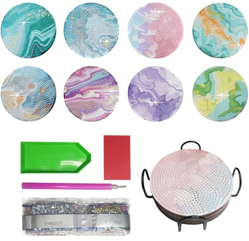 Diamond Painting Untersetzer mit Halter, 8 Stück Rutschfest Tassenuntersetzer Set, 5D Diamond Art Painting Coasters mit DIY Design, Trinkuntersetzer - Schützen Sie Ihre Möbel und Gestalten Kunstwerke