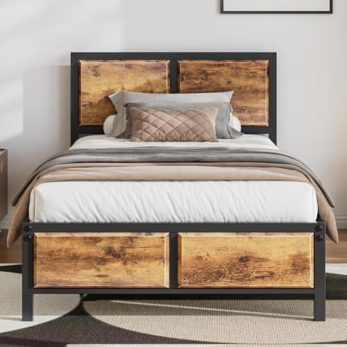 VECELO Bettgestell 90 x 200 cm, Metallbett mit Dick Holzkopfteil und Lattenrost, Modern Gästebett Jugendbett mit Stauraum Unter Dem Bett, Perfekt für Schlafzimmer, Braun