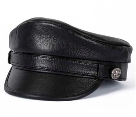 WENH Leder Hut Männer Frühling Koreanische Mode Kurze Krempe Navy Caps Männliche Qualität Schwarz Weiß(Black,L (55 56 cm))