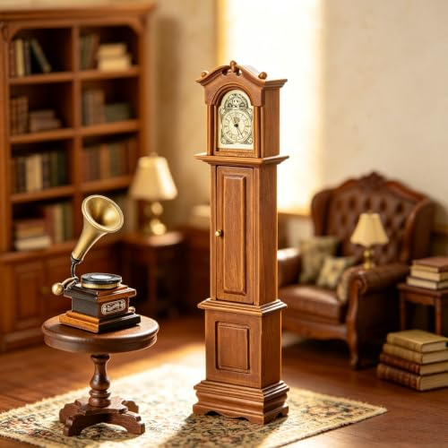 3-teiliges 1:12 Puppenhaus Set Uhr Phonograph Runder Beistelltisch