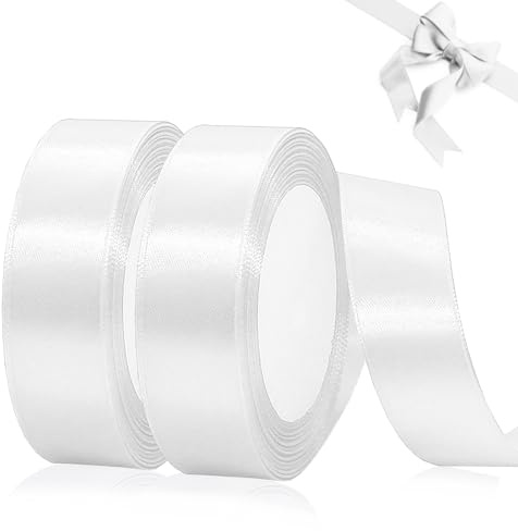 Soodyoow 2 Stück weißes Satinband, 22 m x 20 mm, weiß, Geschenk, Hochzeit, Geburtstag, Kuchen, Autos